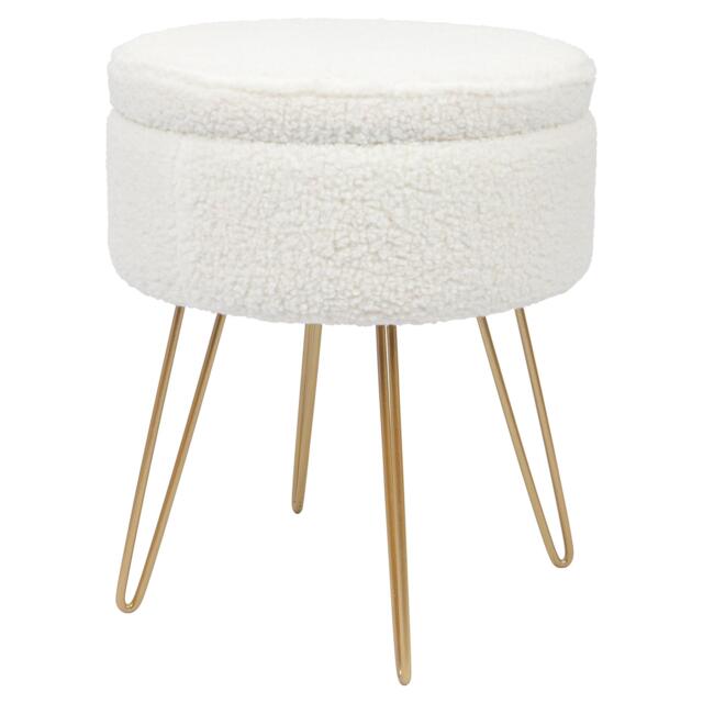 Harbour Housewares Boucle Storage Footstool - Round Modern Dressing Table Footstool Vanity Seat Chairs - 46 x 37cm Gold Legs Gold Cream/Gold Pack of 1 1
