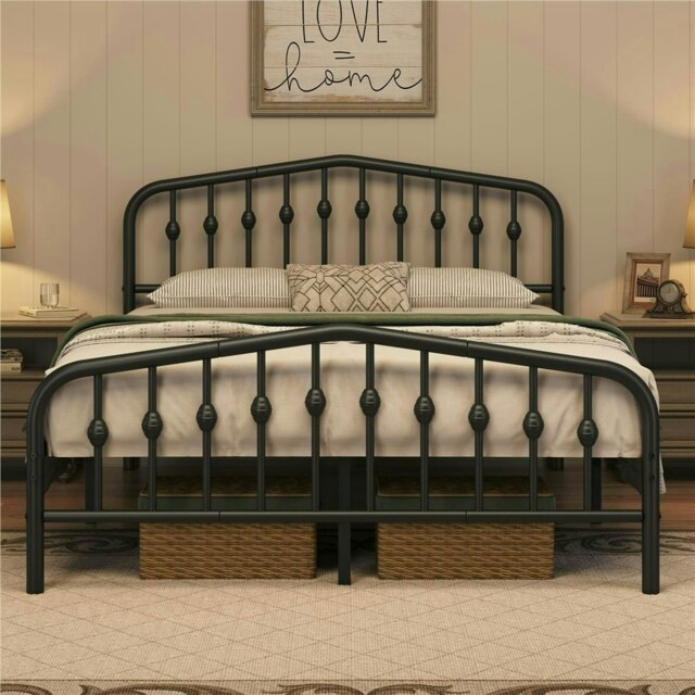 Yaheetech 200 cm L × 150 cm W Modern Metal Bed Frame with Arched Headboard Black