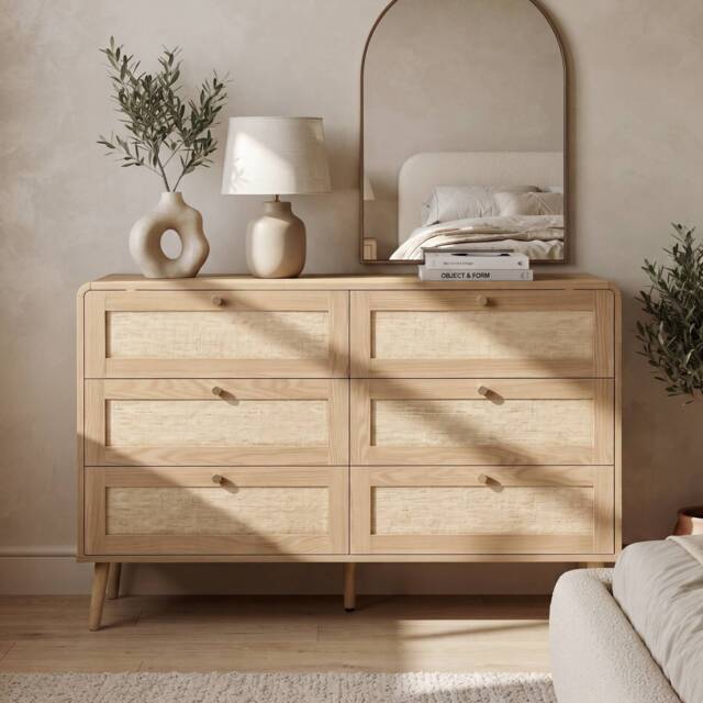 VILUXE 120 x 40 x 80 cm 6-Drawer Rattan-Effect Chest of Drawers with Raised Legs, MDF, Natural Wood