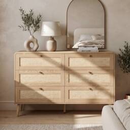 VILUXE 120 x 40 x 80 cm 6-Drawer Rattan-Effect Chest of Drawers with Raised Legs, MDF, Natural Wood