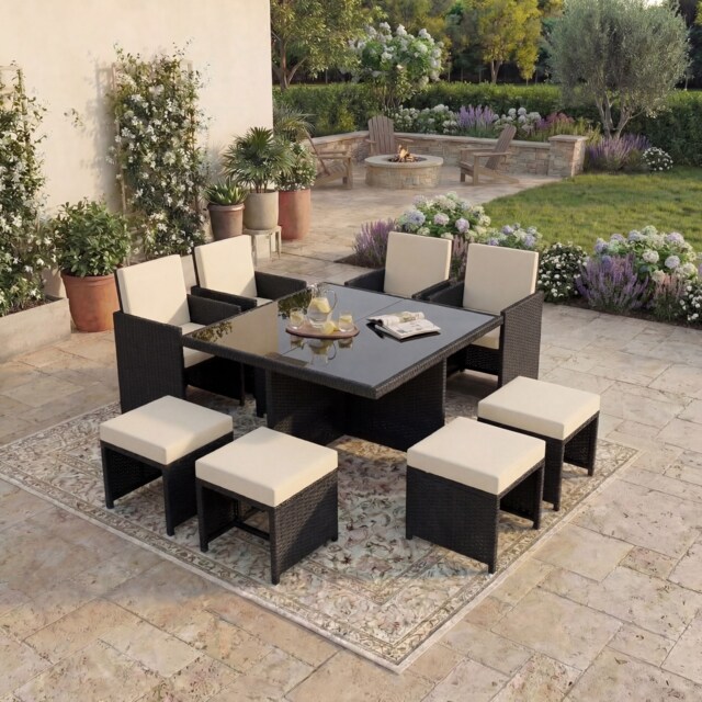 Garden Vida Cuba 8 Seater Rattan Set Folding Chair Stool Dining Table Outdoor Garden Furniture, Black