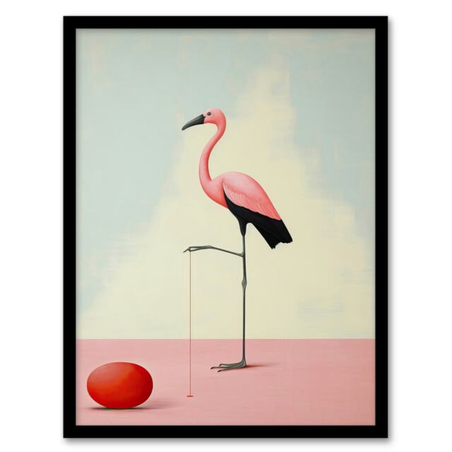 Playful Flamingo Pastel Colour Pink Surreal Black Framed Wall Art Print A4