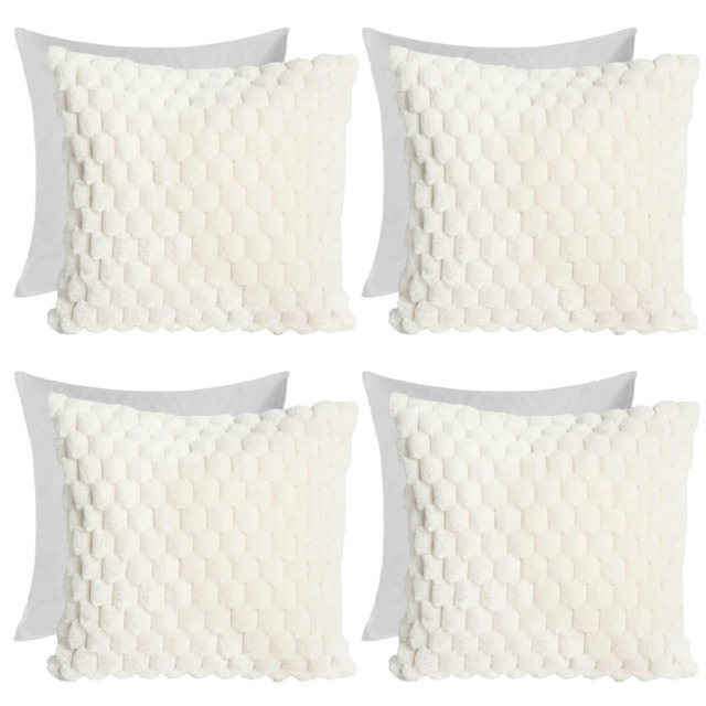 OHS 4 x Faux Fur Waffle Fleece Soft Filled Cushions, 45x45cm - Cream