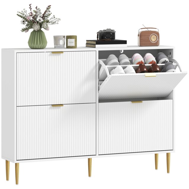 HOMCOM Narrow Shoe Cabinet with 4 Flip Drawers, Modern Slim Shoe Storage Cabinet with Fluted Doors and Adjustable Shelves for Hallway, Holds 10-20 Pairs, White White