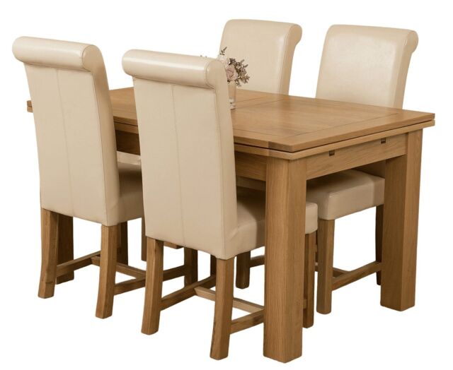Richmond 140-220cm Oak Extending Dining Table & 4 Washington Leather Chairs Cream Cream