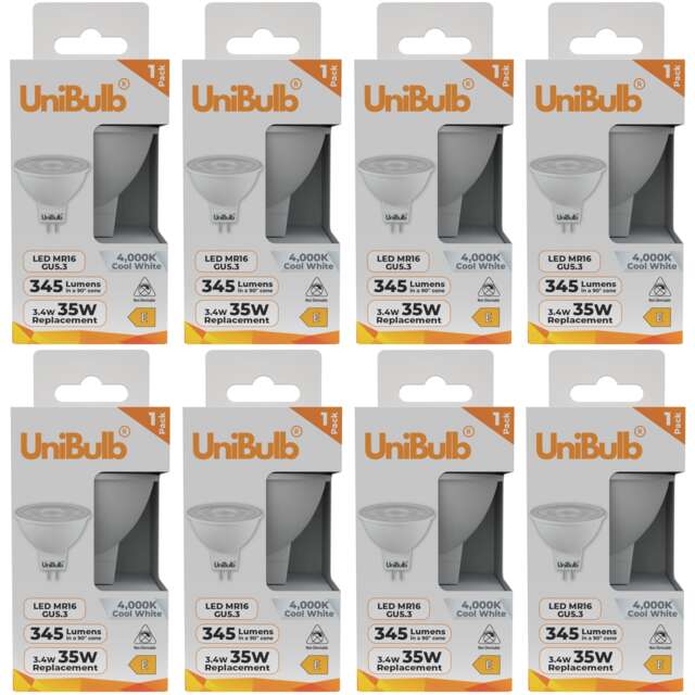 UniBulb LED MR16 GU5.3 345lm 3.4W (Replaces 35W) 4000K (Cool White) Spot Downlight Ceiling Light Bulb - Pack of 8