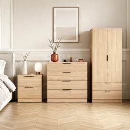 Vida Designs Trega 3 Piece Bedroom Set (2 Drawer Bedside Chest, 4 Drawer Chest, 2 Door 2 Drawer Wardrobe) Pine