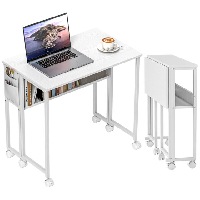 HOMCOM 80 cm Foldable Computer Desk on Wheels for Small Spaces White
