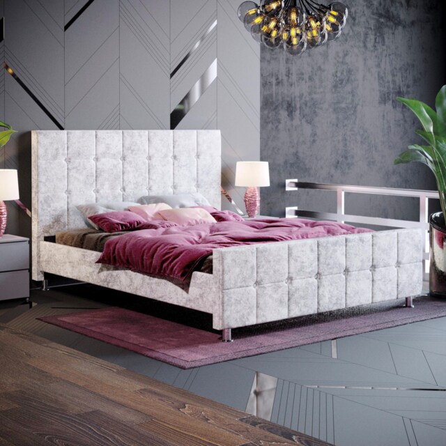 Vida Designs Valentina 5ft King Size Bed Fabric Upholstered, Crushed Velvet Silver, 150 x 200cm
