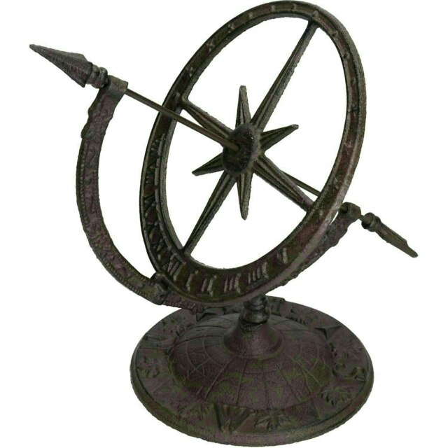 Armillary Sundial Ornament Cast Iron Garden Feature Statue Clock Metal Compass Brown