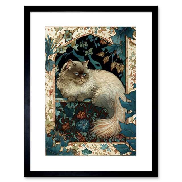 "Perched Himalayan Persian Cat Modern Art Nouveau 9x7"" Black Framed Wall Art Print"