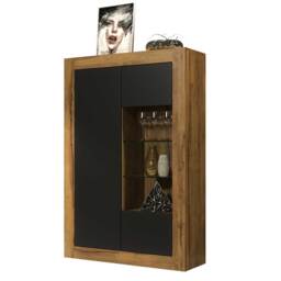 Display Cabinet Storage Cabinet Oak Matt Body Black Matt Doors Glass Shelves Modern Cupboard 140cm