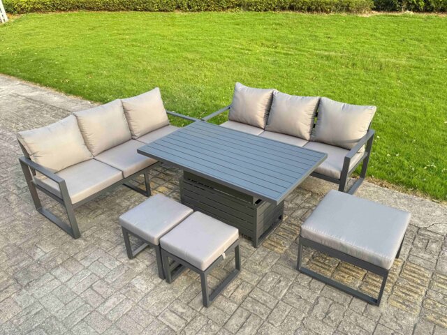 Fimous 6 Pieces Garden Furniture Set Aluminium Adjustable Rising Lifting Dining Table and Sofa Set with 3 Footstools Dark Grey