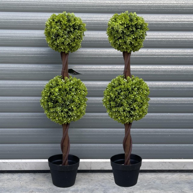 90cm Pair of Green Double Ball Topiary Trees Green 3ft