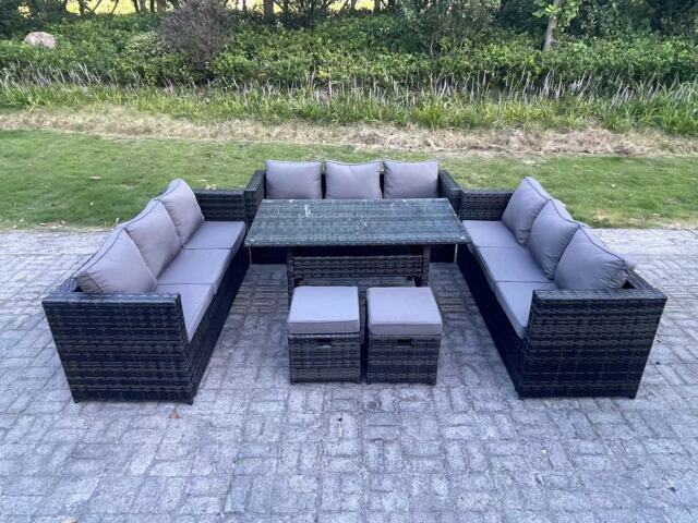 Fimous 11 Seater Outdoor Wicker Garden Furniture Rattan Lounge Sofa Set Patio Rectangular Dining Table with 2 Small Footstool Dark Grey Mixed