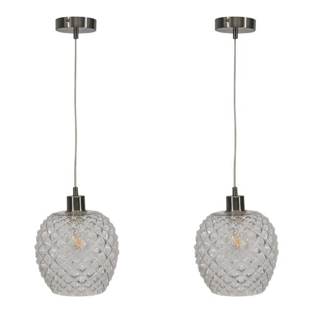 Set of 2 Baine - Clear Textured Glass with Satin Nickel Pendants Clear Clear textured glass with satin nickel plate detail Small 2