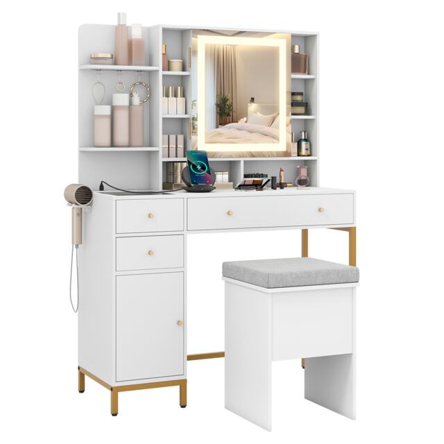 COSTWAY Makeup Vanity Desk Dressing Table & Stool Set White