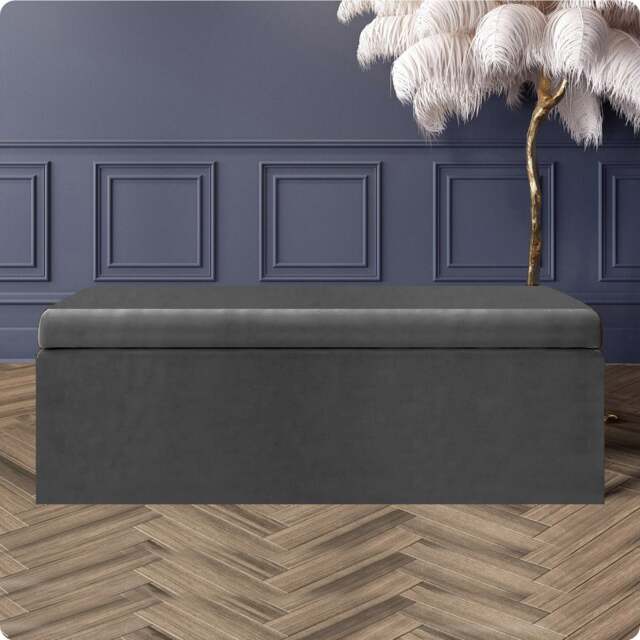 90cm Large Plain Safar Storage Ottoman Box, Steel Grey Plush Velvet Upholstered Deep Storage Ottoman End of Bed Bench