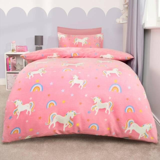 OHS Unicorn Print Soft Thermal Fleece Duvet Cover and Pillowcase Set, Single - Pink