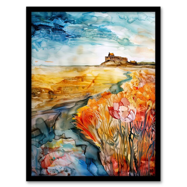 Colourful Watercolour Bamburgh Castle View Black Framed Wall Art Print A4