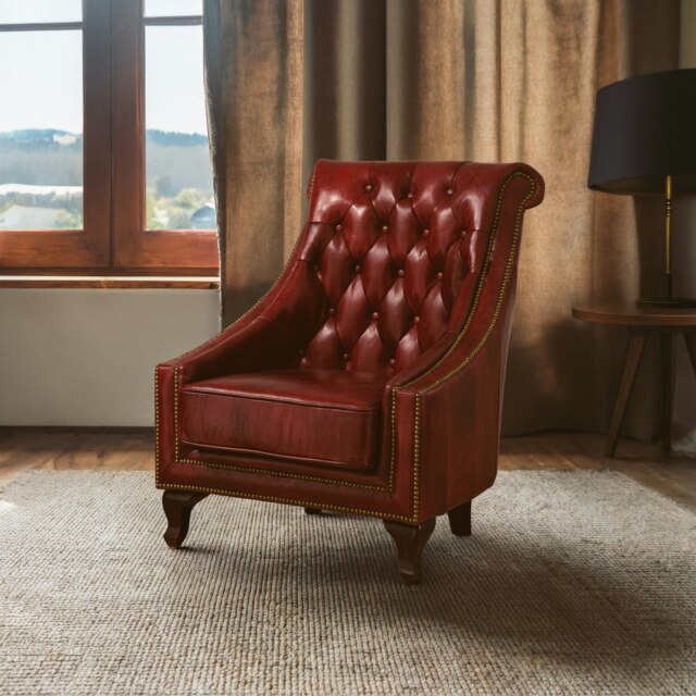 Red Leather Studded Armchair,Stately Lounge Chair With Quilted Backrest,Copper Studded Armrest Chair Red