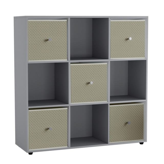 9 Cube Wooden Bookcase Shelving Unit with 5 Collapsible Fabric Drawers Multi Grey & Beige 1