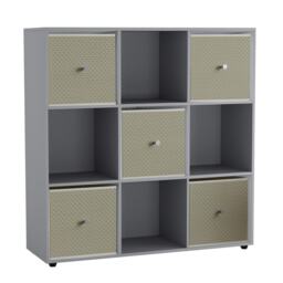 9 Cube Wooden Bookcase Shelving Unit with 5 Collapsible Fabric Drawers Multi Grey & Beige 1