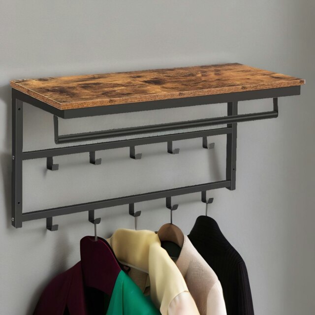 Wall-Mounted, Coat Hook with 10 Hooks and Shelf Brown One Size