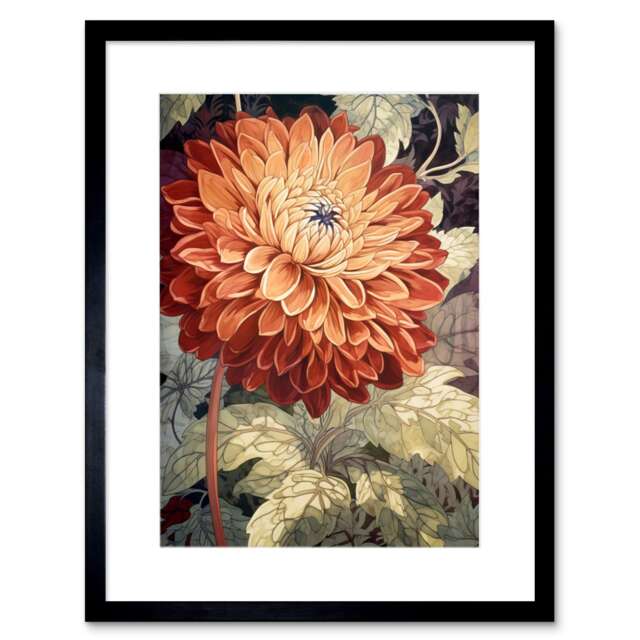 "Orange Dahlia Flower Watercolour 9x7"" Black Framed Wall Art Print"