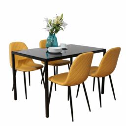 Modern Black Glass Dining Table Set with 4 Mustard Faux Leather Chairs Dining Room Set