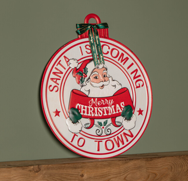 47cm Round Metal Santa is Coming to Town Christmas Sign in Red & White