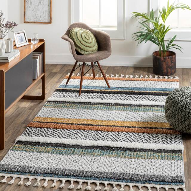 LIVABLISS Lofty-Shaggy Vintage Boho Plush Soft Pile Fringe Rug 160 x 213 cm Off-White Black Yellow