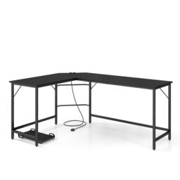 COSTWAY L-Shaped Desk with Power Outlet Computer Desk Black