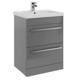 Bathroom 2-Drawer Floor Standing Vanity Unit with Mid Depth Ceramic Basin 600mm Wide - Storm Grey Gloss - Brassware Not Included Grey Grey 1