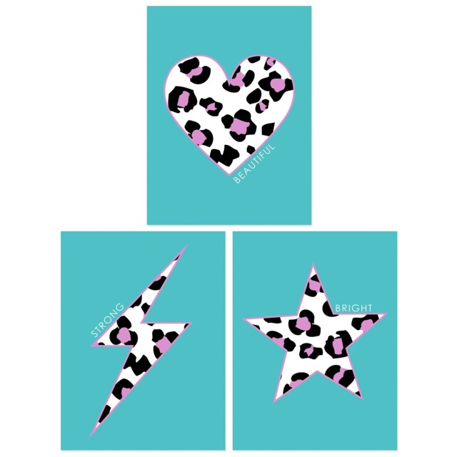 Set of 3 Purple Leopard Pattern Heart Lightning Star Turquoise Wall Art Print A4