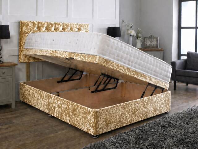 Side Opening Ottoman Divan Bed Set Crushed Velvet Gold 2ft6 Small Single