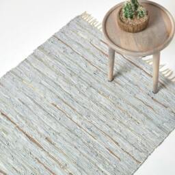Homescapes Leather Glitter Rug Silver and Natural - 120 x 180 cm Grey Silver & Natural