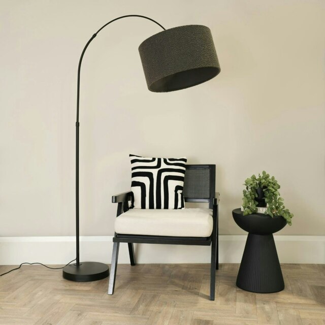 ValueLights Louis Black Arched Curved Floor Lamp Charcoal Boucle Shade and Bulb