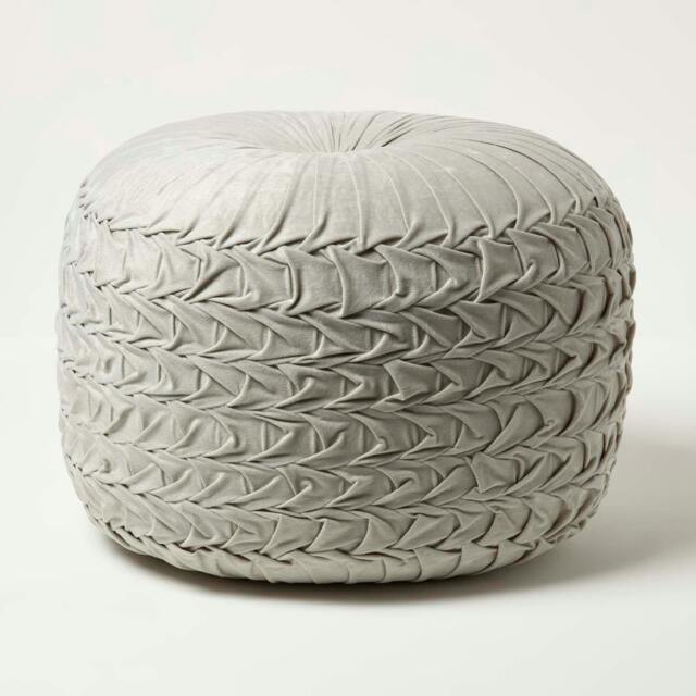 Homescapes Grace Pleated Velvet Grey Pouffe