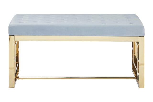 Orsina Luxe Powder Grey Tufted Bench, Soft Velvet Upholstery with Button Detailing, Gold Finish Stainless Steel Base