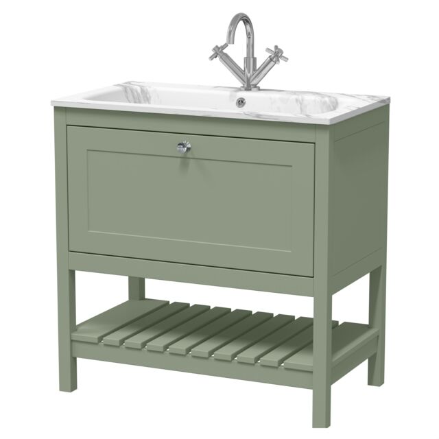 Balterley Coppenhall Contemporary 1 Drawer Floor Standing Vanity Unit with Stone Basin, Fern Green, 800mm