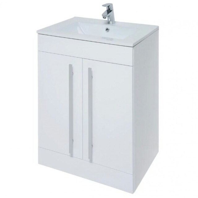 2 Door Floor Bathroom Standing Vanity Unit with Ceramic Basin 600mm Wide - White - Brassware Not Included White White 1
