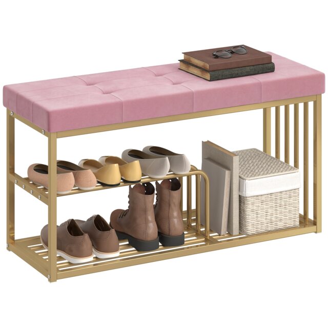HOMCOM Shoe Storage Bench with Seat Cushion Tufted Shoe Rack Bench Pink Dark Blue