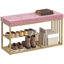 HOMCOM Shoe Storage Bench with Seat Cushion Tufted Shoe Rack Bench Pink Dark Blue