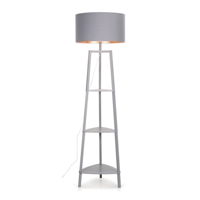 ValueLights Hiru Grey 3 Tier Shelf Floor Lamp Grey Copper Shade and Bulb