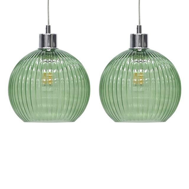 Set of 2 Betchley - Green Ribbed Glass Globe Easy Fit Pendant Shades Green Medium 2