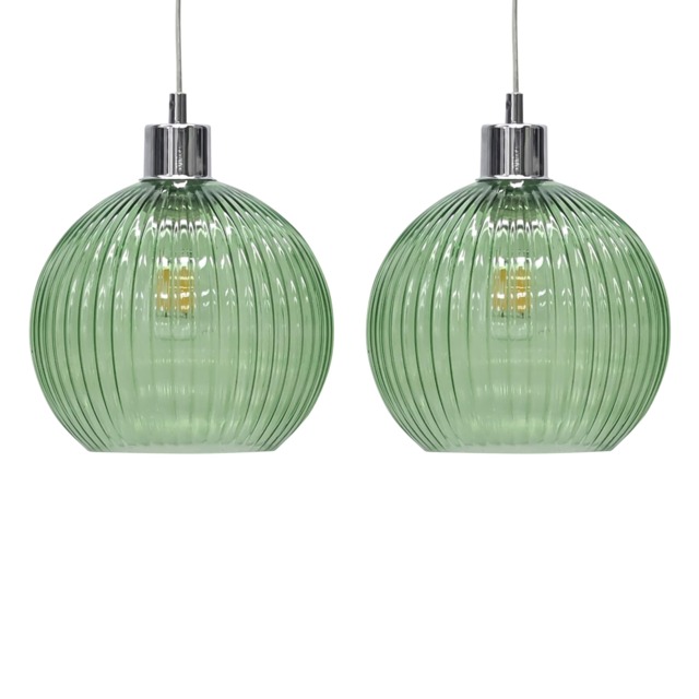 Set of 2 Betchley - Green Ribbed Glass Globe Easy Fit Pendant Shades Green Medium 2