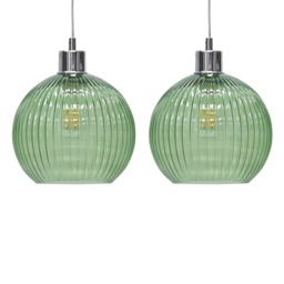 Set of 2 Betchley - Green Ribbed Glass Globe Easy Fit Pendant Shades Green Medium 2