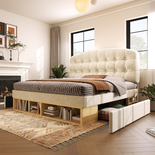 VILUXE 4ft6 Double Upholstered Bed with Adjustable Headboard, Drawers and Open Storage, Beige Velvet, 135 x 190cm, No Mattress