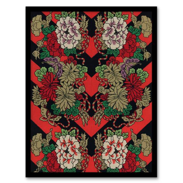 G A Audsley Framed Wall Art Print Japanese Red Fan Floral Pattern Home Décor